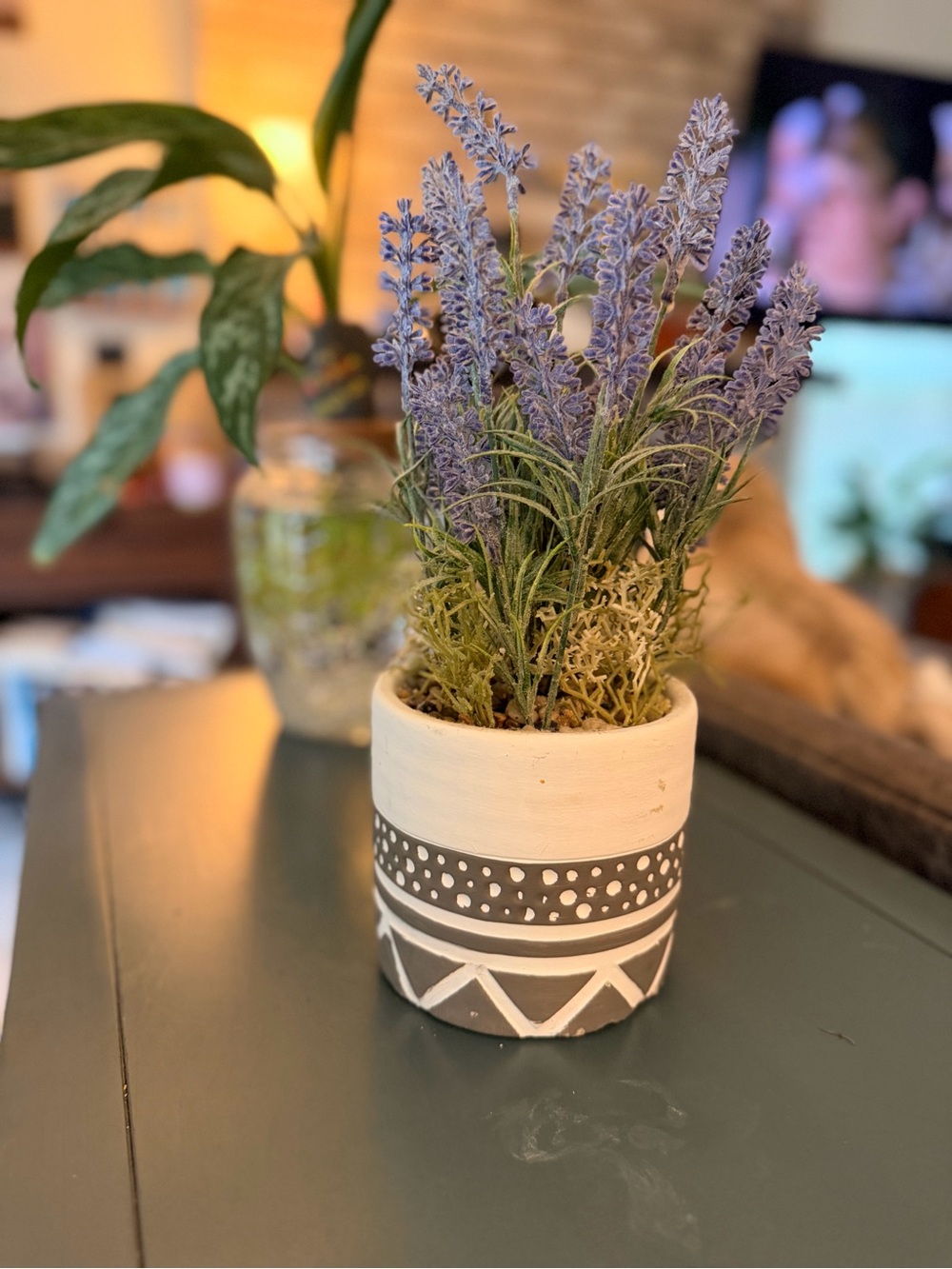 Source Unknown Lavender Faux Plant in White and Gray Patterned Pot